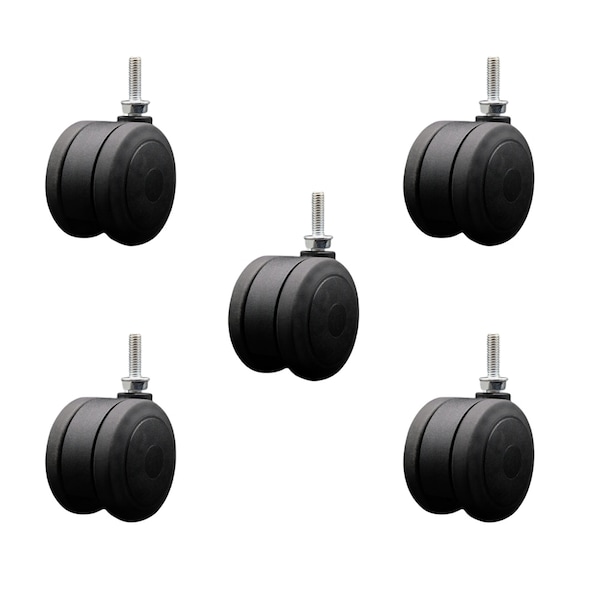3'' Black Heavy Duty Floor Safe Twin Wheel Caster 5/16 Threaded Stem, 5PK
